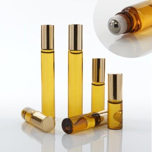 3ml 5ml 10m Empty Amber Perfume Glass Roll on Bottle with Metal Ball Small Brown Roller Essential Oil Vials Refillable Bottles