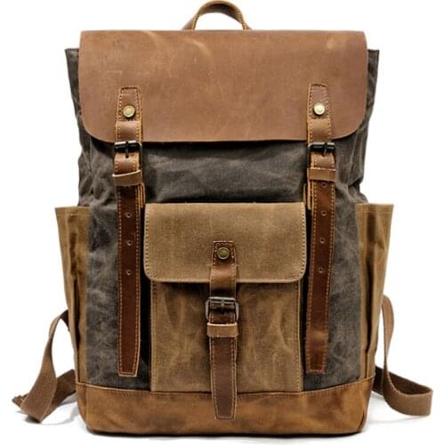 Retro Outdoor Travel Backpack Canvas with Crazy Horse Leather Hit Color Oil Wax Waterproof Laptop Bag