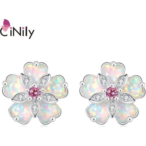 CiNily White & Blue & Green Fire Opal Stone Stud Earrings Silver Plated Flower Flora Cherry Blossom Spring Bohemia Boho Jewelry