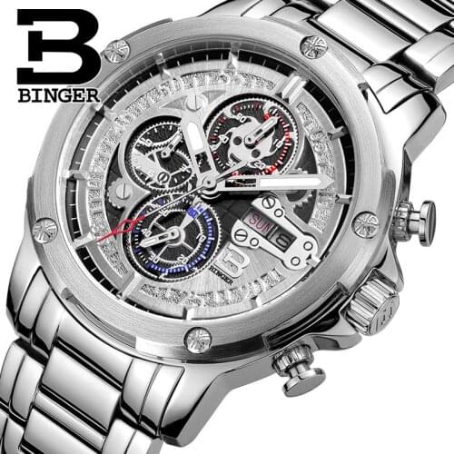 Switzerland mens watch luxury brand clock BINGER Quartz men watches full stainless steel Chronograph Diver glowwatch B6009-1