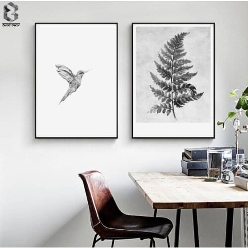 Nordic Canvas Posters and Prints Wall art Leaf Painting Black & White Little Bird Wall Pictures for Home Decoration, Wall Decor