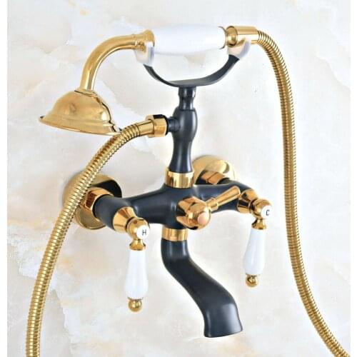 Black Gold Color Brass Wall Mount Bathtub Faucet Dual Handles Swivel Spout Mixer Tap with Hand Sprayer zna412