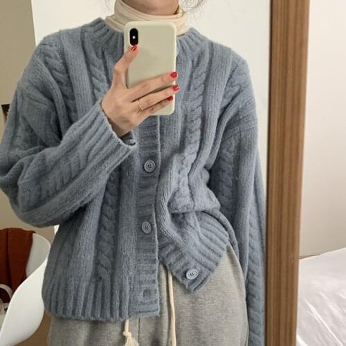 Knitted cardigan 2021 women furry soft waxy twist sweater pure color cardigan womens new autumn loose round neck warm jacket