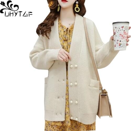 UHYTGF knitted sweater jacket women long sleeve casual autumn sweater female Korean plus size top cardigan women pull femme 1796