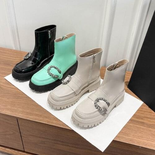 Motorcycle Womens Boots Winter Patent Leather Shoes Black Botas Wedges Female Metal Decoration Platforms Zip Women Ankle Boots