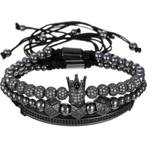 3 piece zircon embellished charm crown cz ball crescent with copper beads adjustable beaded bracelet woman elegant occasion