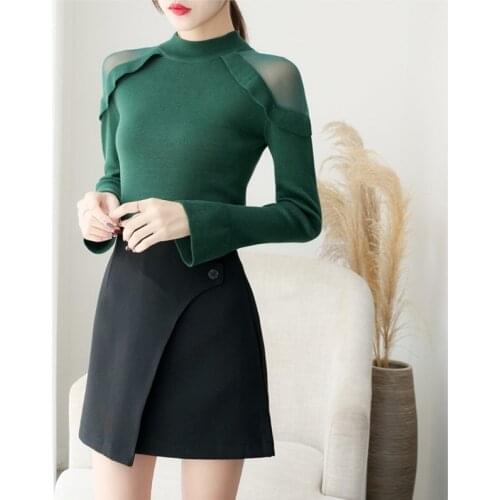 2021 Winter Turtleneck Women Sweater Casual Lace Knitted Pullover Female Sweaters Flare Sleeve Off Shoulder Elegant Jumper Tops