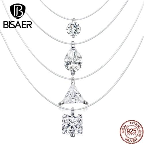 Simple necklaces bisaer hot sale 925 Sterling silver cubic zircon Fishing line chain collar necklaces for women jewelry ECN332