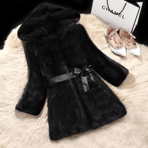 Women Autumn Winter Faux Fur Coat Hooded Long Sleeve Black Fluffy Fur Jackets Women Long Loose Coats with Belt