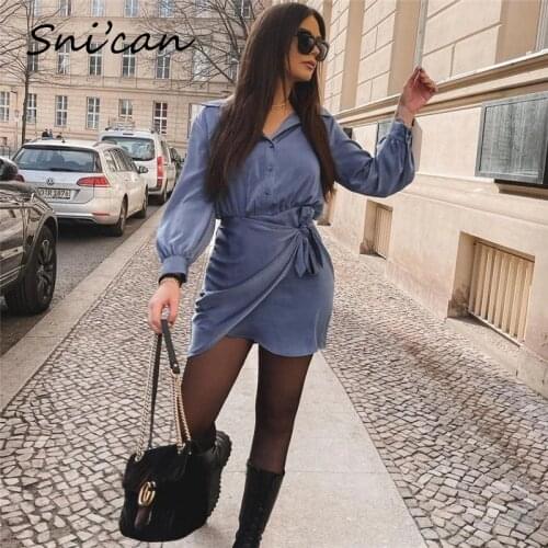 Blue Knots Shirt Dress Za 2021 Women Long Sleeve Aymmetric Short Robe Chemise Femme Spring Vintage Vestidos Cortos Sukienka