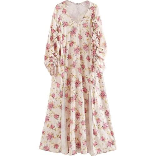 Vintage maxi dress women half sleeve floral print loose silk vestidos plus size v-neck elegant ropa mujer long dress za 2020