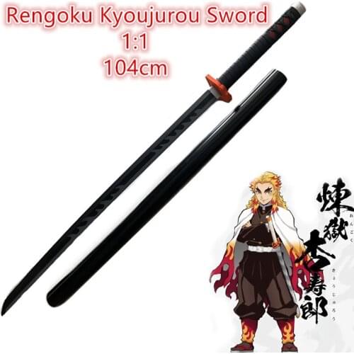 104cm Demon Slayer Cosplay Sword 1:1 Rengoku Kyoujurou Fire Sword Black Grey Sowrd Ninja Knife Sword Weapon PU Prop Model Gift