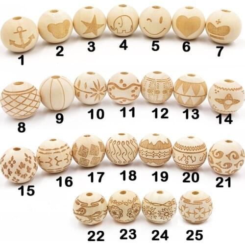 20pc Round Natural Wood Beads 20mm Smiling Face Heart Star Baby Teether Child Teething Big Size Wooden Beads for Jewelry Making