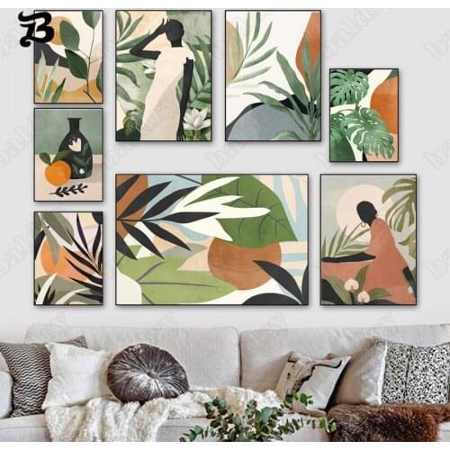 Abstract Wall Art Figure Painting Colorful Leaves and Girl Canvas Painting Nordic Posters and Prints Wall Pictures Home Decor