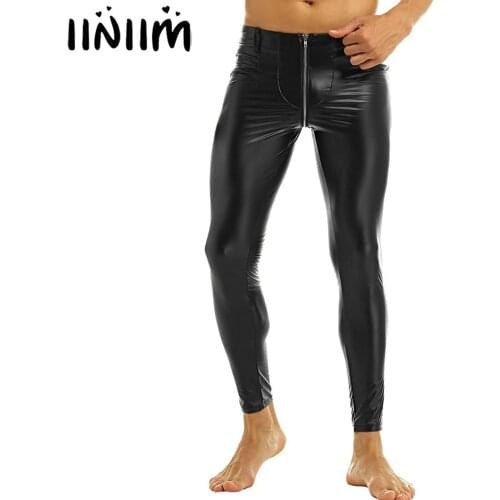 Iiniim Black Mens Faux Leather Zipper Crotch Tight Pants Legging Trousers Clubwear Full Length Pants for Sexy Gay Men Party