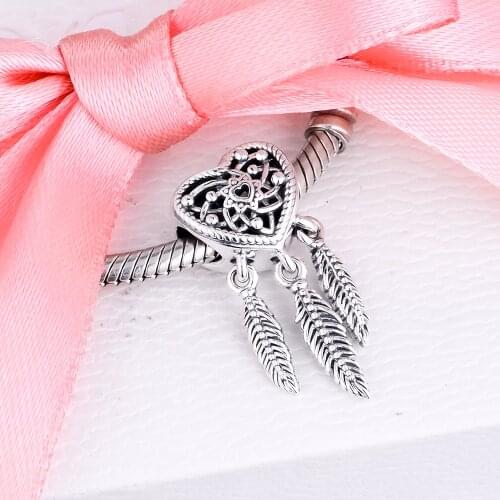 Genuine 925 Sterling Silver Openwork Heart & Three Feathers Dreamcatcher Charms 2020 New Fit Bracelet Beads for Jewelry Making