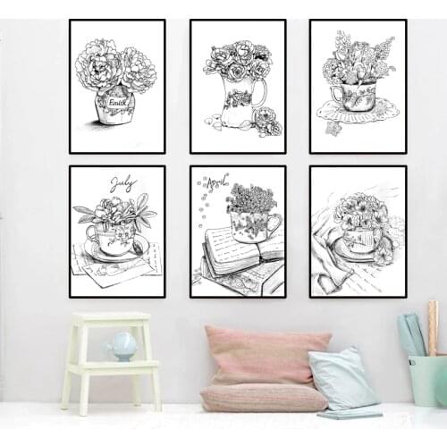 Black white flowers wall decor canvas painting modern canvas art poster picture plants prints wall decor picture HD2861