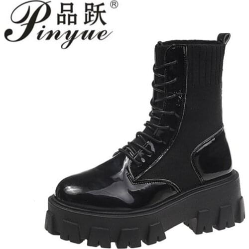 Black Patent Leather Martin Boots for Women Lace Up Platform Boots Women Winter Keep Warm Non-slip Short Booties for Ladies