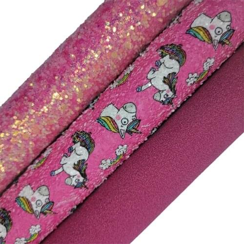 Unicorn Printed Glitter leather, Crystal Glitter Sheets, Rose Suede Synthetic Leather Faux Fabric For Bow Earrings 21x29CM KM606