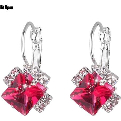 Red Blue Purple Stud Earrings Large Square Shape Wedding Silver Color Cubic Zircon Crystal Earring Women Jewelry