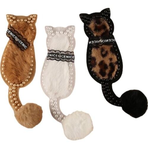 1 Pcs New Pearl Fur Cat Patch for Clothes Sewing on Rhinestone Beaded Applique for Jackets Jeans Bags Shoes Beading Applique