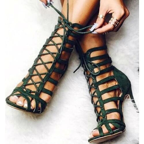 Newest Lace Up Women Sandals Green Hollow Out Stiletto Heel Lace-up Sandals Thin Heels Strappy Elegant Hot Selling Dress Shoes