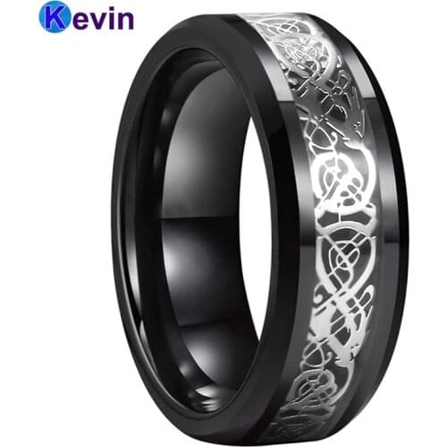 Men Ring Black Tungsten Ring Wedding Band With Black Carbon Fiber And Dragon Inlay 8MM Comfort Fit