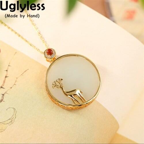 Uglyless Looking Back Handmade Elk Deer Pendants for Women Luxury Big Emerald Gemstones Necklaces NO Chain Animals Gifts Jewelry