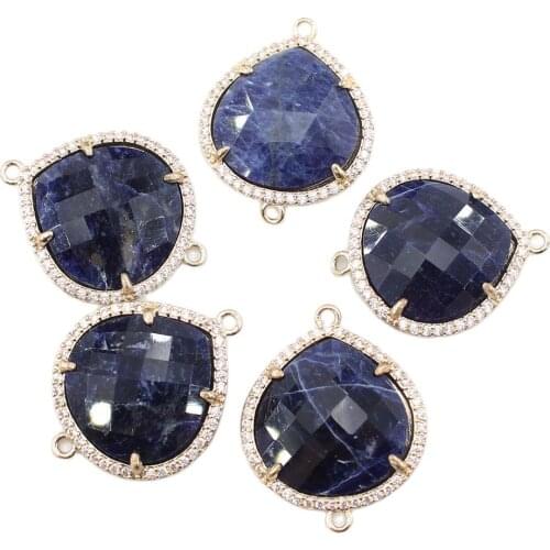 APDGG 5Pcs 21x26mm Natural Blue Sodalite Blue-vein stone CZ Paved Pendant Connector For Necklace Bracelet Earrings Jewelry DIY