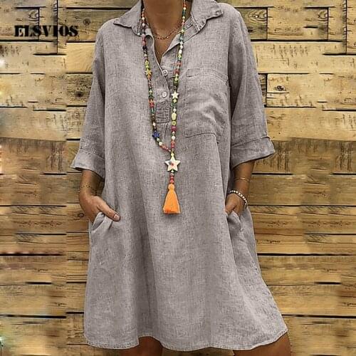 Casual V Neck Mid Sleeves Plus Size Autumn Dress Fashion Solid Color Buttons Dress Pocket Elegant Party Streetwear Style Vestido