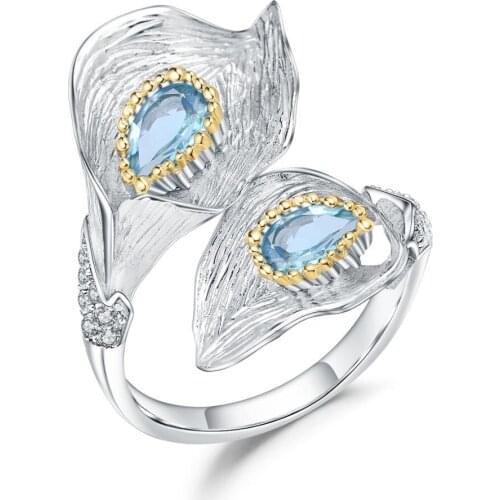 Natural Swiss Blue TOPAZ 925 Sterling Silver Flower Ring Italian style girl adjustable ring