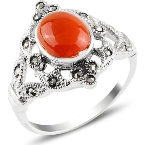 Silver 925 Sterling Red Agate & Marcasite Ring