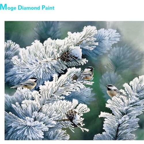 Snowy Pine Branch Magpie Diamond Painting Round Full Drill Animal Bird DIY Mosaic Embroidery 5D Cross Stitch Home Decor Gifts
