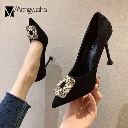 Crystal Flower square buckle pumps woman slip on pointed toe flock tacones design paillette stiletto high heels shoes women 2020