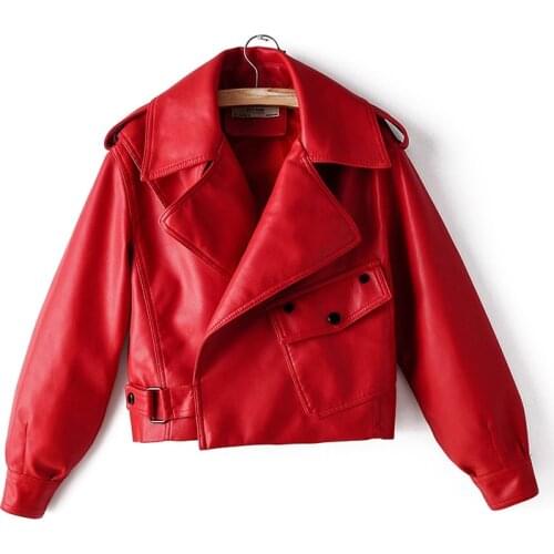 Womens Lapel Pocket Short Wash Faux Leather Jacket Zipper Motorcycle Red Leather Jacket Womens Casual Black PU Leather Jacket