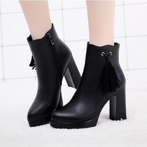 Pointed Toe Block Heel Platform Boots Women Shoes Fall Winter 2021 Tassel High Heels Boots Ladies Office Ankle Boots