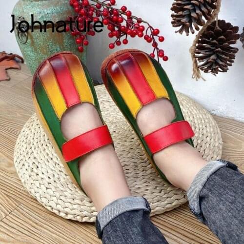 Johnature Genuine Leather Pumps Women Shoes 2021 New Retro Mixed Colors Hook & Loop Spring/Autumn Wedges Fashion Ladies Shoes