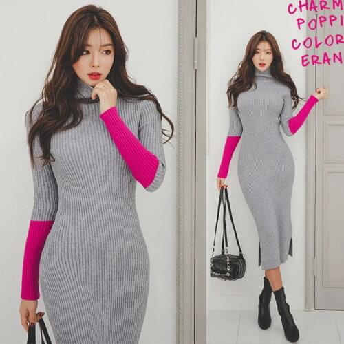 Korean Women Turtleneck Knitted Split Long Dress Sexy Winter Office Lady Long Sleeve Slim Bottoming Skinny Gray Sweater Dress