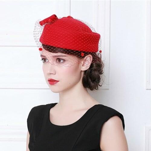 Winter Felt Hat With Bow Flat Top Hats Vintage French Wool Women Beret Lady Stewardess Cap Fedoras Chapeau Femme Feutre
