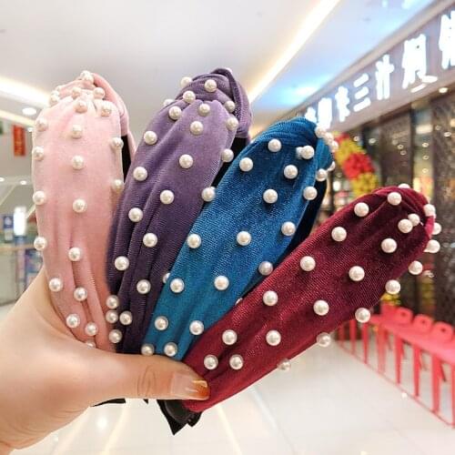 New Winter Women Knot Turban Elegant Pearl Solid Hairbands Ladies Wide Side Colors Headbands Female Fashion Hair Accessories