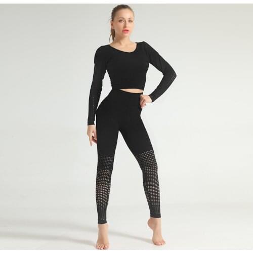 Hollow Out Yoga Sets Gym Workout Clothes Fitness Running Sportwear Women Tracksuit High Waist Mesh Leggings Shirt Suit 2047