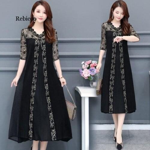 Womens Long Dress women Summer Temperament Loose Five-point Sleeves Lace Print V-neck Dress Large Size black party dress