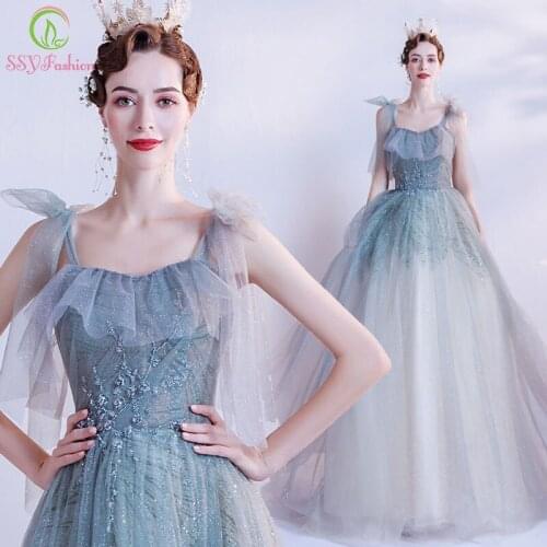 SSYFashion Romantic Gradient Green Evening Dress Sexy Sleeveless A-line Floor-length Glittering Prom Party Gowns for Women