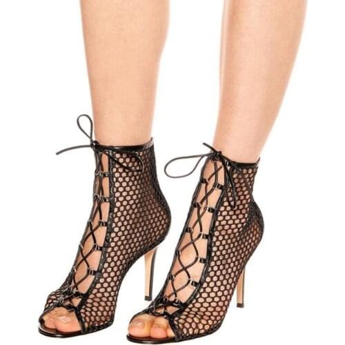 2019 Gullick Summer Ankle Boots Lace Up Breathable Hollow Out Fish Net Shoes Women Casual Open Toe High Heeled Footwear