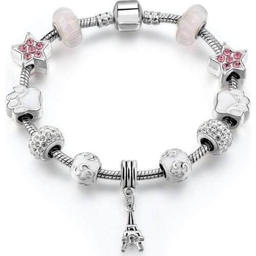 2019 Fashion DIY Crystal&Glass Eiffel Tower Beads Charms Bracelets For Women Snake Chain Bracelets & Bangles Pulsera SBR170070WH