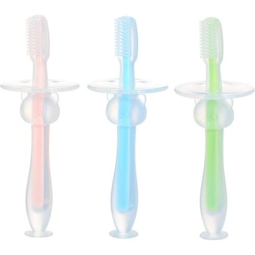 3PCS Baby Training Toothbrush Soft Silicone Suction Base Prevent Swallow Toothbrushes Teether Safe for Baby Teething Toy Infant