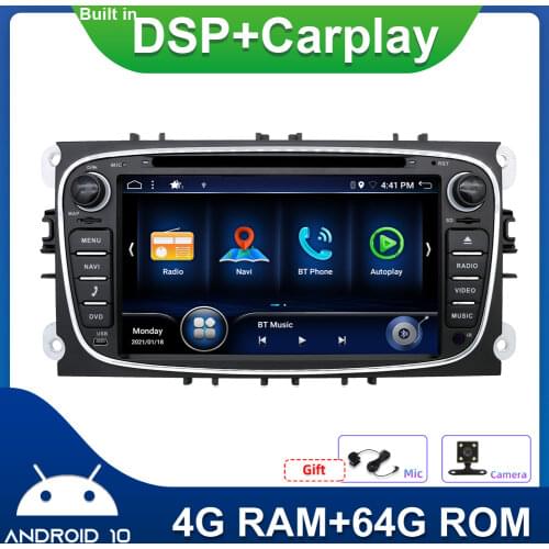 2 din car stereo radio android 10.0 for ford focus mk2 px6 system swc bt mirror link carplay dab+ gps naviagtion rds dvd cd play