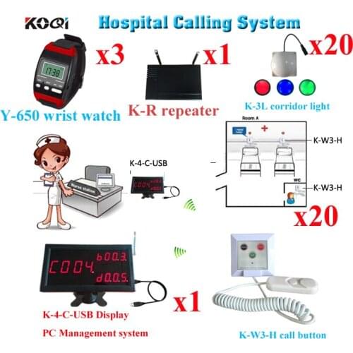 Wireless Nursing Calling Bell System Hospital Equipment Of 1pcs K-4-C-USB 3 Watch 20 Corridor Light 20pcs Button 1 repeater