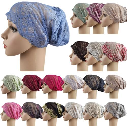 Flower Lace Women Hat Muslim Hijab Turban Islamic Arab Beanies Chemo Hat Headwear Ramadan Inner Cap Underscarf Headwrap Covers