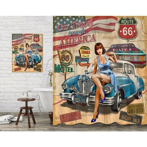 Bathroom Decor Shower Curtain & Painting Beauty Girl Route 66 Retro Car Design